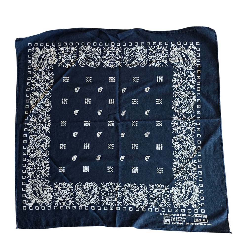 Vintage Paris Accessories Navy Blue Paisley Bandana Made in USA Cotton RN13960